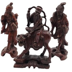 Chinese Carved Wood‎ Wise Men Figurines Set Of 3 Elders Tiger Rider Statues Gift